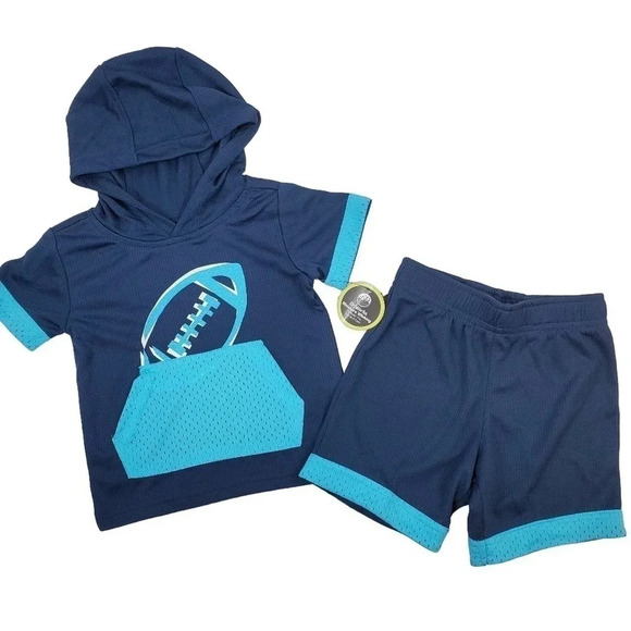 12m Boys FOOTBALL Blue Athletic Short Sleeve Hooded Tshirt and Short Set - Picture 1 of 7